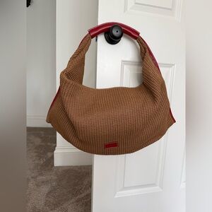 Staud Brown Knit Raffia Shoulder Bag with Red Trim